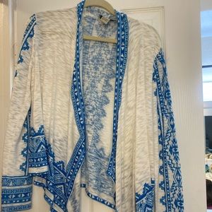 Adorable flying tomato cardigan white with bright blue Aztec